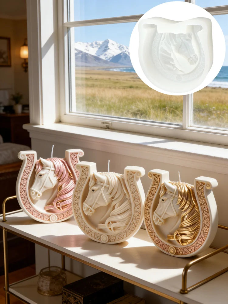 Three decorative white ceramic candle molds shaped like horses with Celtic knot designs displayed on a shelf.