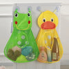 A yellow duck toy storage bag with a green frog toy, featuring suction cups for bathroom use.