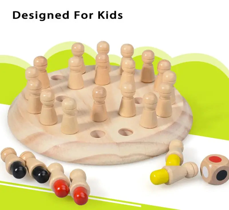 A wooden memory match stick chess game with several wooden pieces arranged on a light wood board.