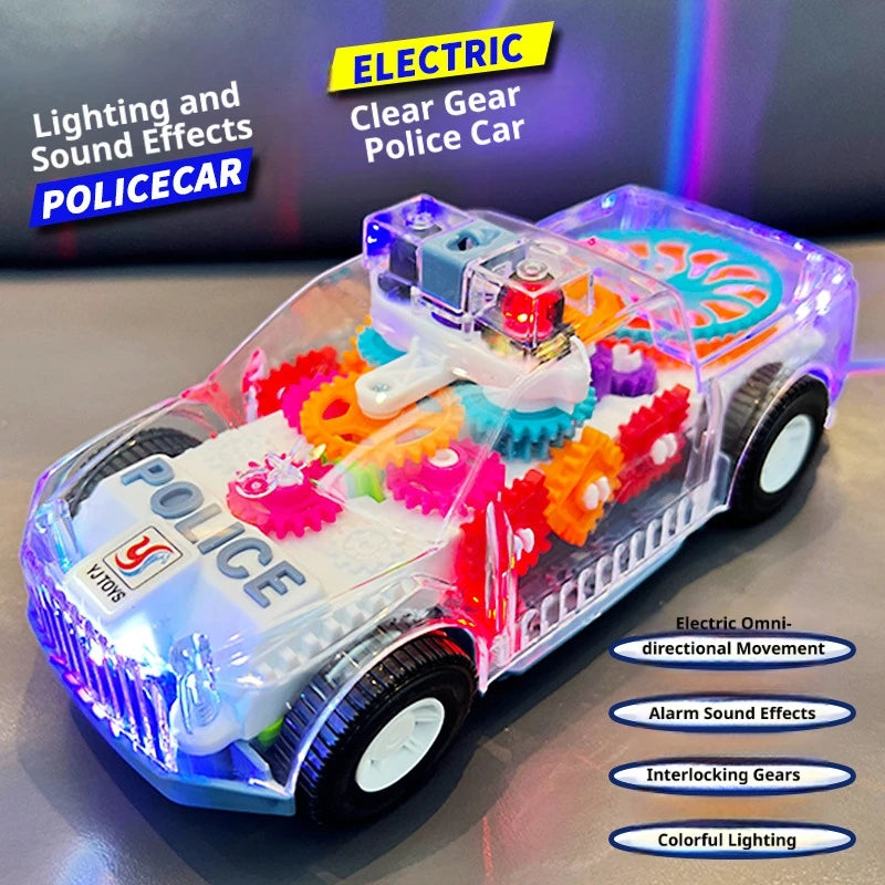 A transparent gear police car toy featuring colorful lights, alarm sounds, and interlocking gears.