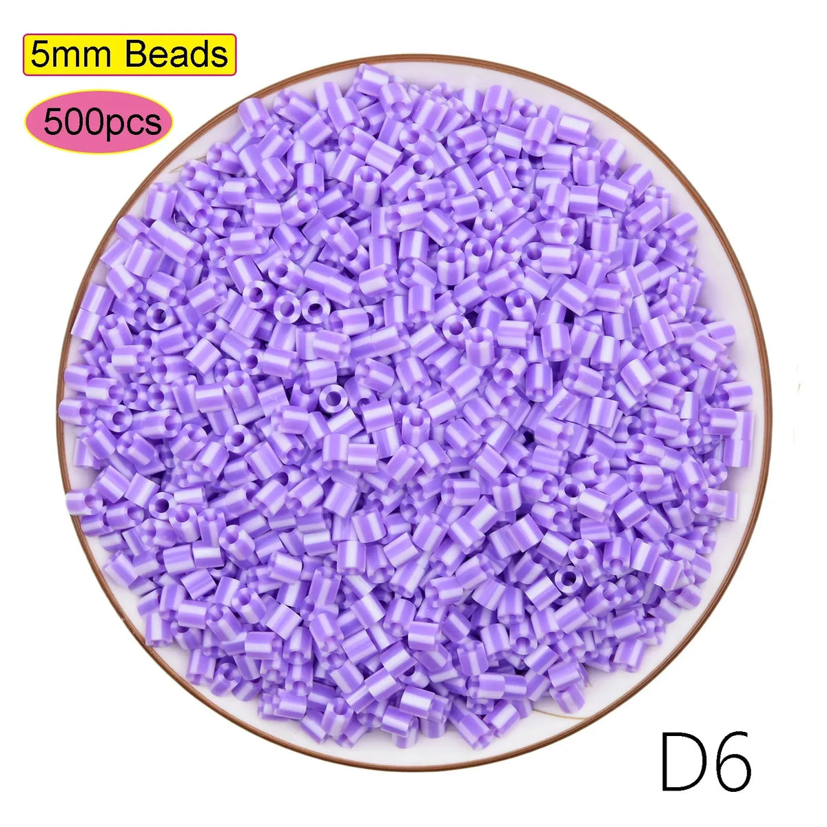 A pile of 5mm purple beads, packaged in a 500-piece kit for crafting and pixel art puzzles.