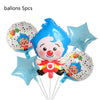 Five blue and red circus clown balloons for kids birthday party decorations