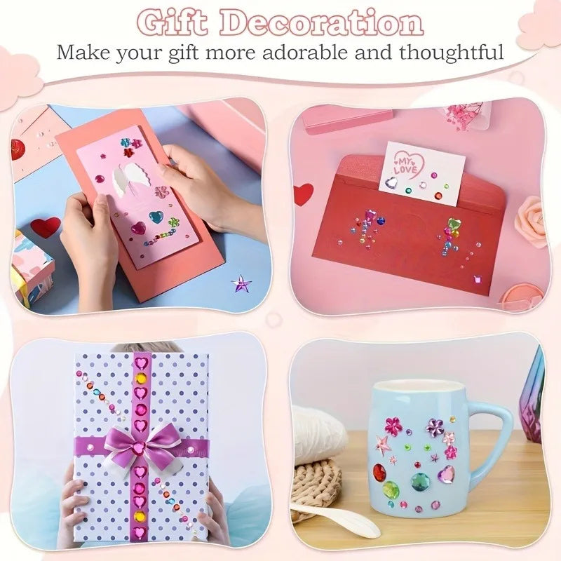 Gift decoration ideas showing colorful rhinestone stickers on envelopes and a mug