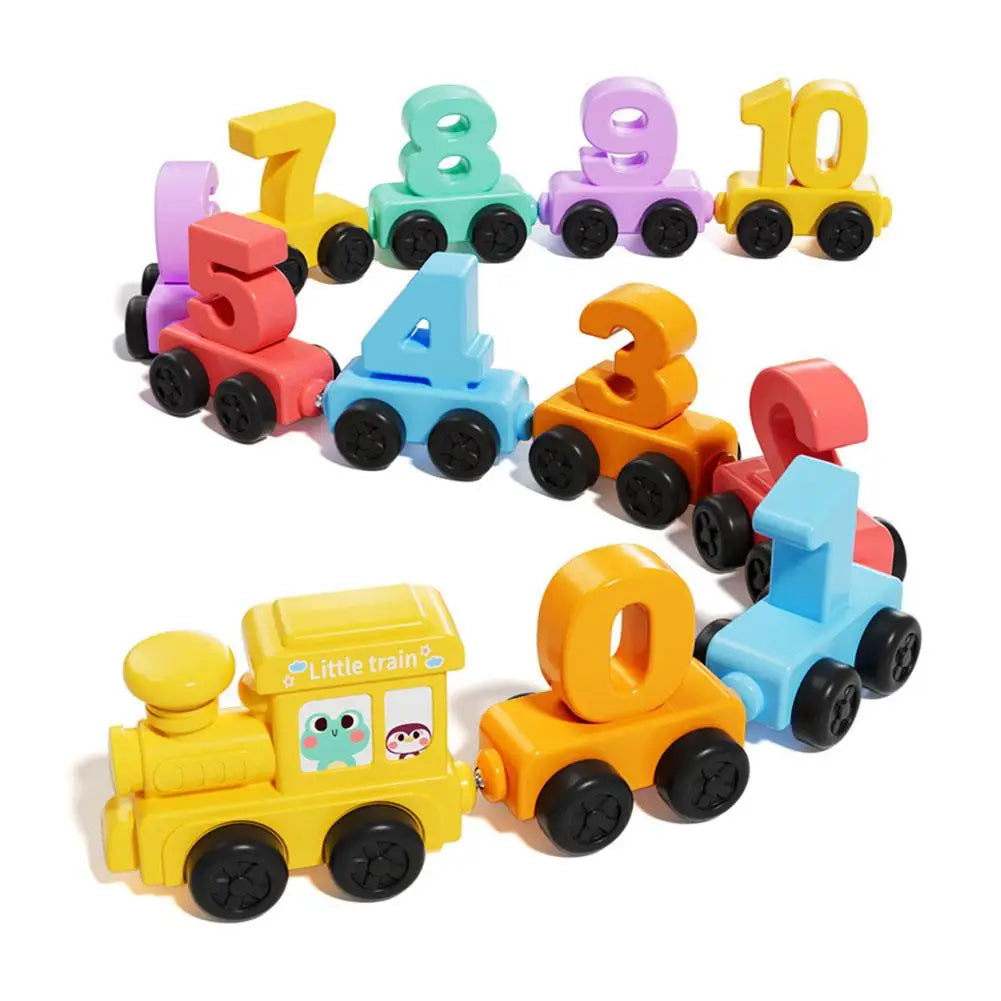 A set of wooden magnetic number train toys showing numbers 3 through 10 in various colors and shapes.