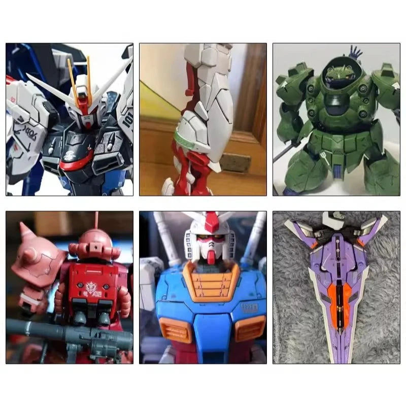 A collection of various panel line accent color enamel paint samples for model kits, including green and red mecha figures.
