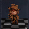 A wooden collectible figurine of a character wearing a hat and robe, set against a black and white checkered background.