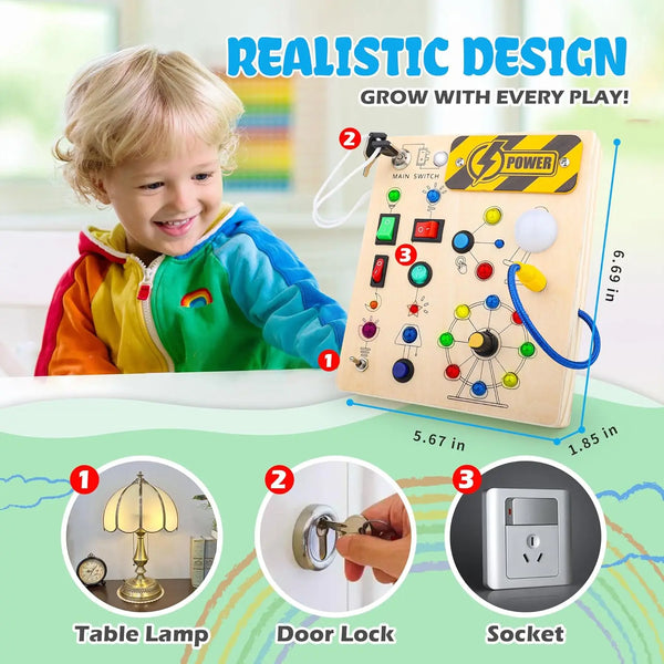 Montessori busy board featuring realistic design elements like a table lamp, door lock, and socket for play