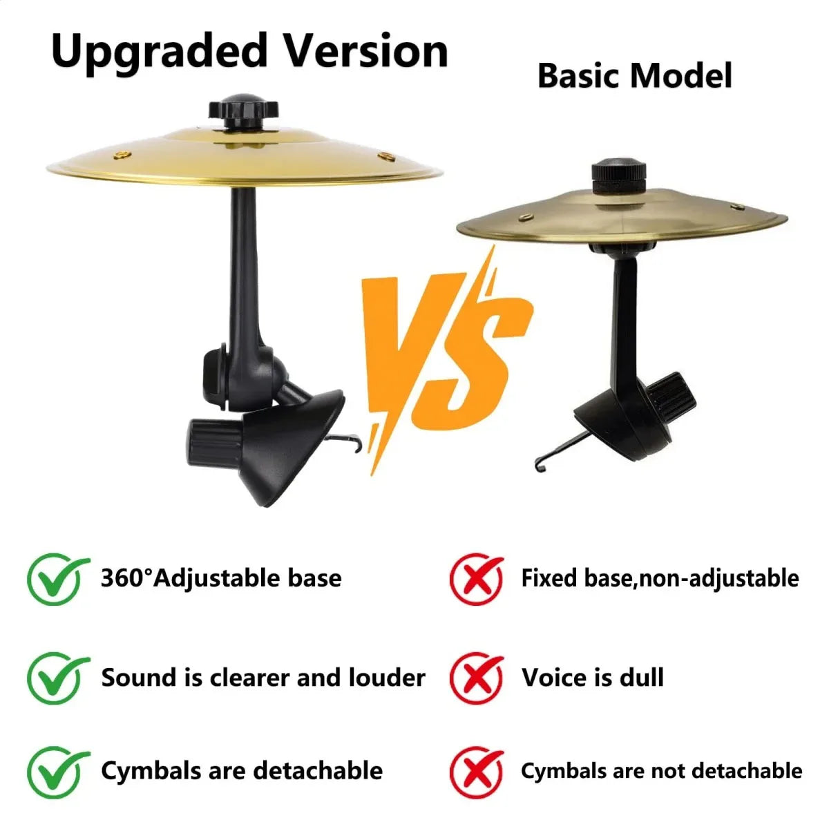 Comparison of an upgraded version and a basic model of a clip-on car vent drum cymbal.