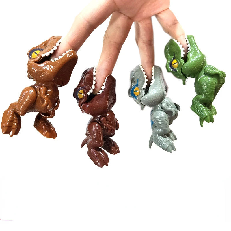 A hand is holding a finger dinosaur fidget toy with movable joints, featuring a Jurassic biting tyrannosaurus design.