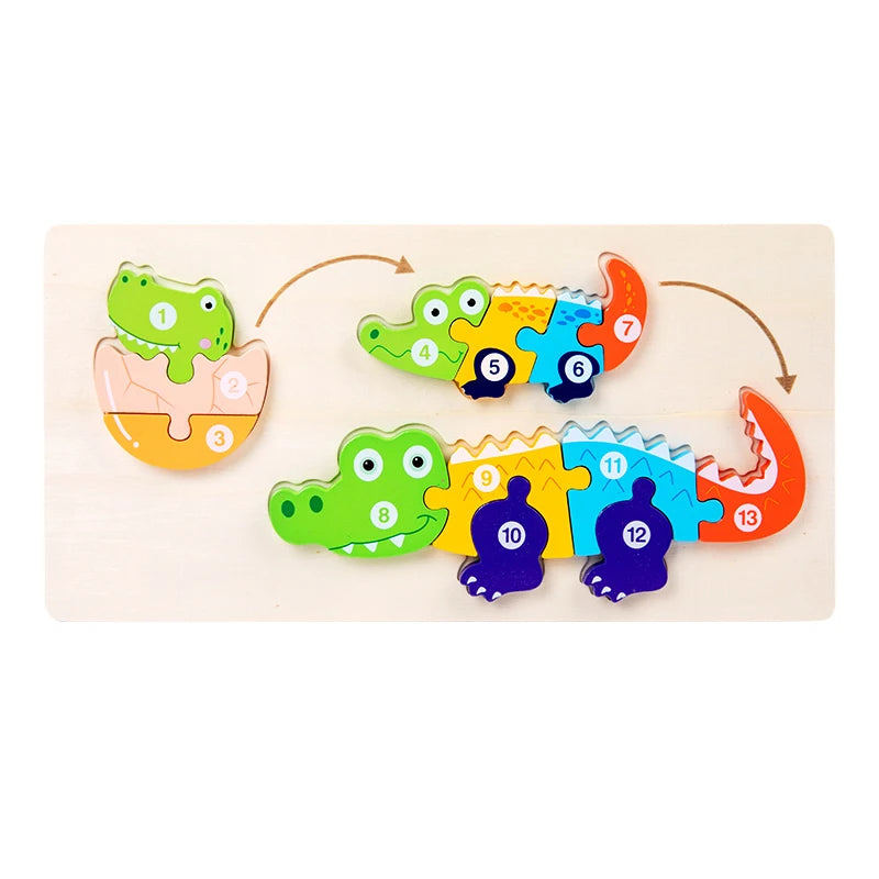 A wooden life cycle learning puzzle showing a sequence of colored pieces depicting a frog and a lizard.