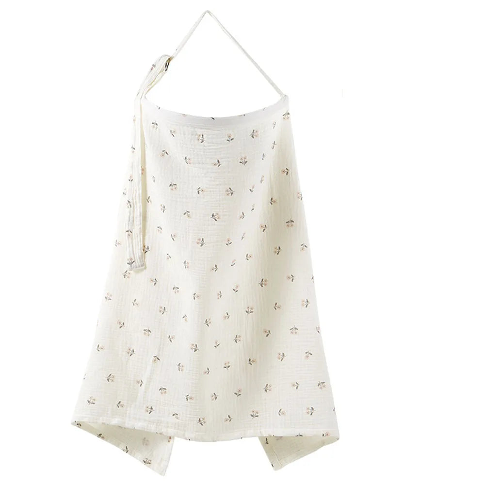 White breathable muslin nursing cover with an adjustable neckline