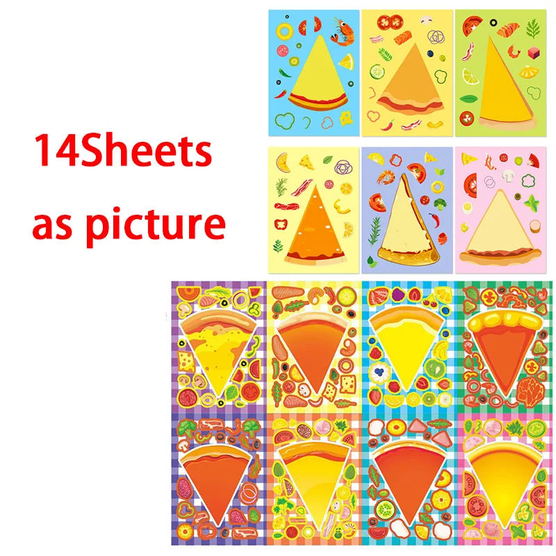A collection of 14 sheets featuring various pizza slices and food items for a craft kit.