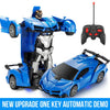 A blue RC transforming robot car is shown with its components separated and assembled, ready for use.