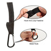 Close-up views of a black hook and loop fastener and a metal hook used for stroller accessories