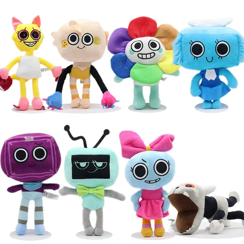 A collection of colorful animated stuffed pets and characters.