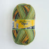 A ball of Opal 4-ply sock yarn in a multicolored blend of green, yellow, and gold threads.