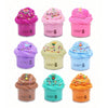 A set of eight colorful slime containers decorated with various cake themes and sprinkles.