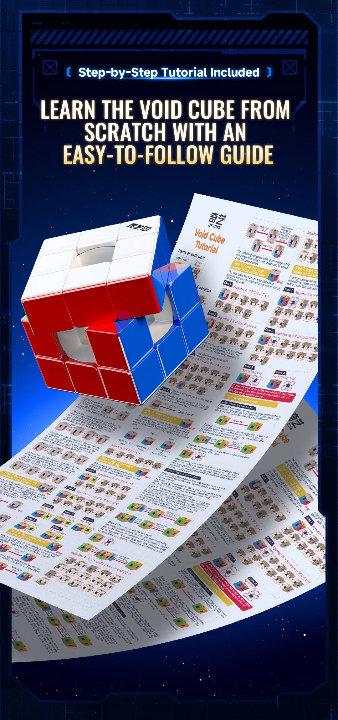 A tutorial guide for learning the Void Cube puzzle, showing a red and blue cube and instruction sheets.