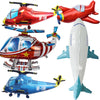 A collection of foil balloon planes and helicopters for birthday party decor.