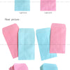 Three folded mini kraft paper gift bags in light blue, light pink, and pink colors.
