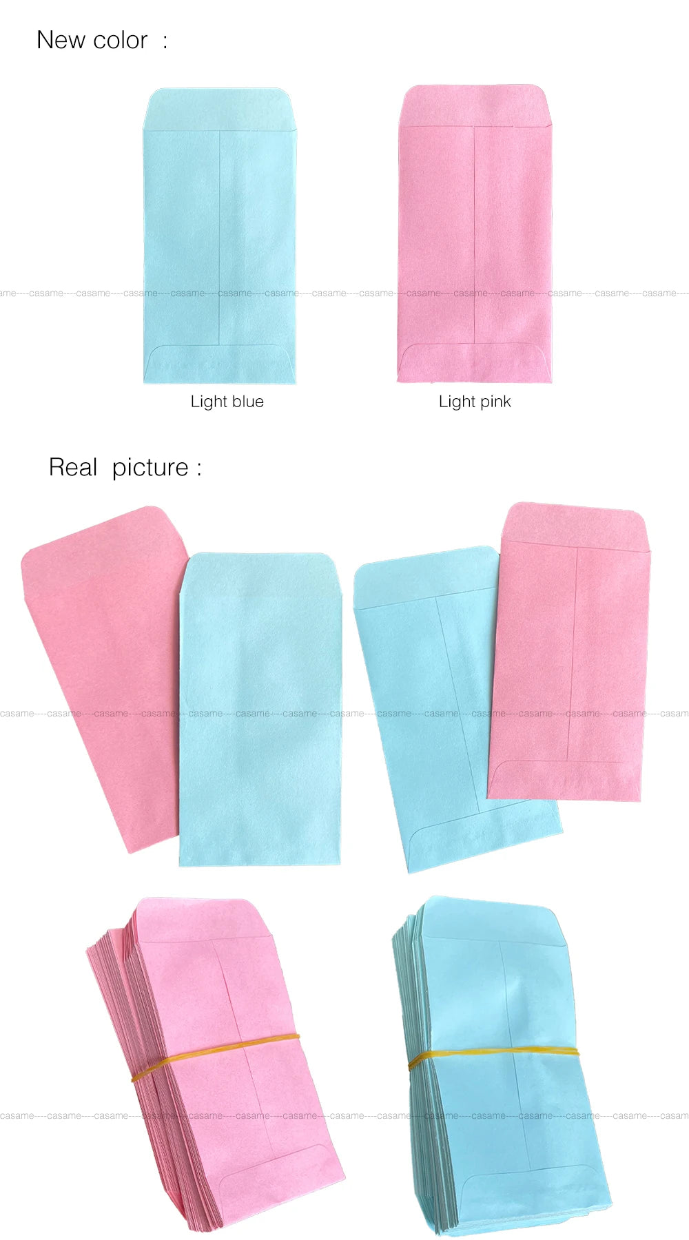 Three folded mini kraft paper gift bags in light blue, light pink, and pink colors.