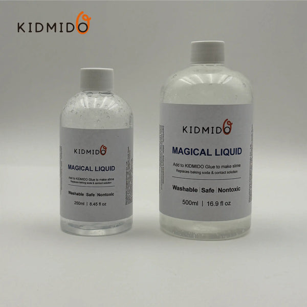 Two bottles of KIDMIDO Magical Liquid liquid slime activator solution with white caps