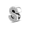 A sterling silver alphabet charm bead shaped like the letter S, encrusted with cubic zirconia stones.
