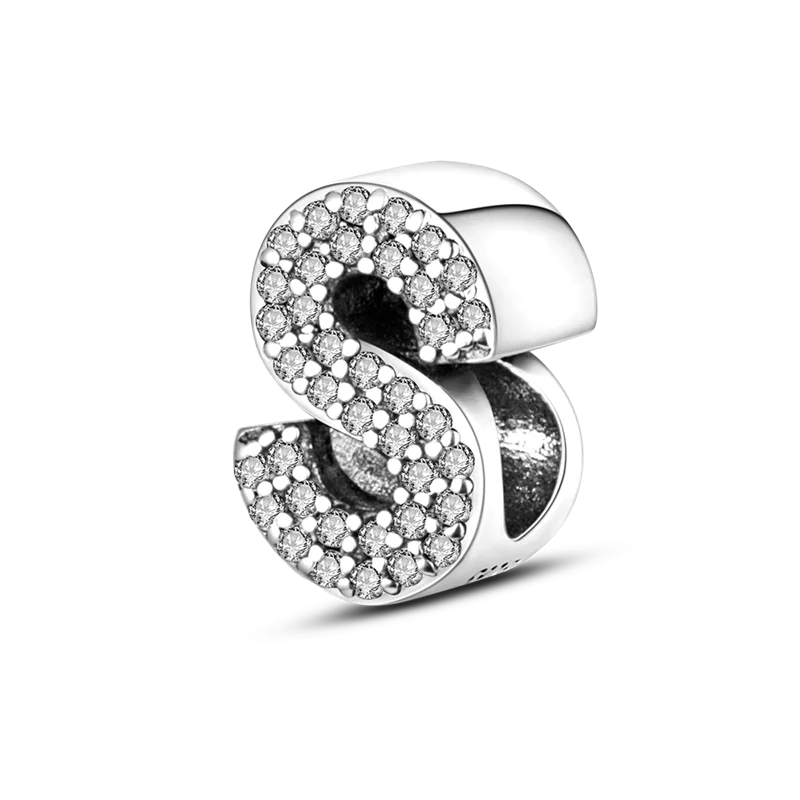 A sterling silver alphabet charm bead shaped like the letter S, encrusted with cubic zirconia stones.