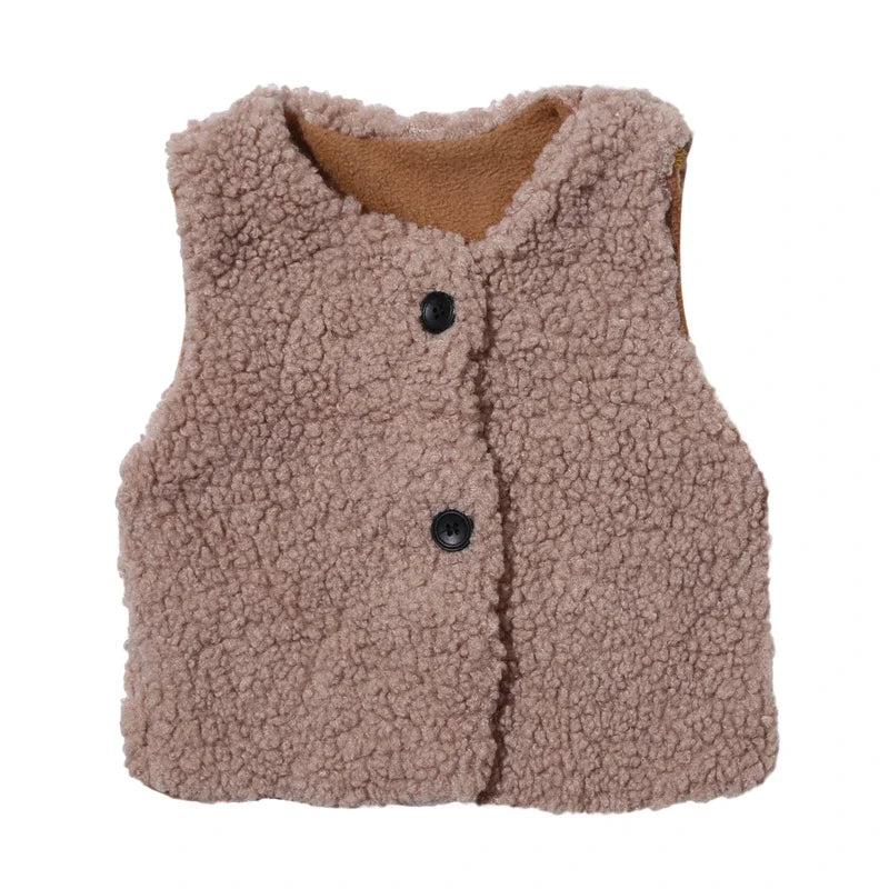 A beige plush fleece vest for children, designed as a warm and cozy sleeveless jacket.