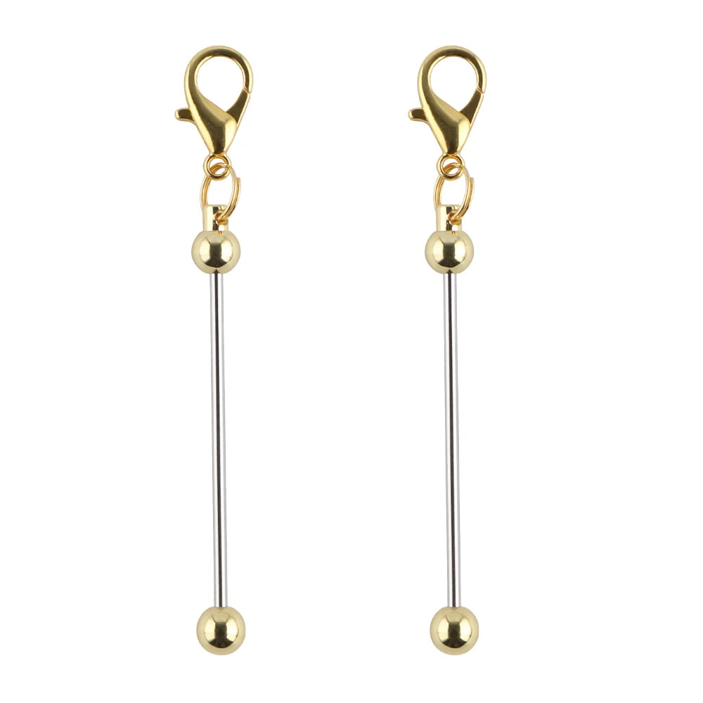A pair of gold-colored metal keychain bars with lobster clasps for DIY jewelry making.