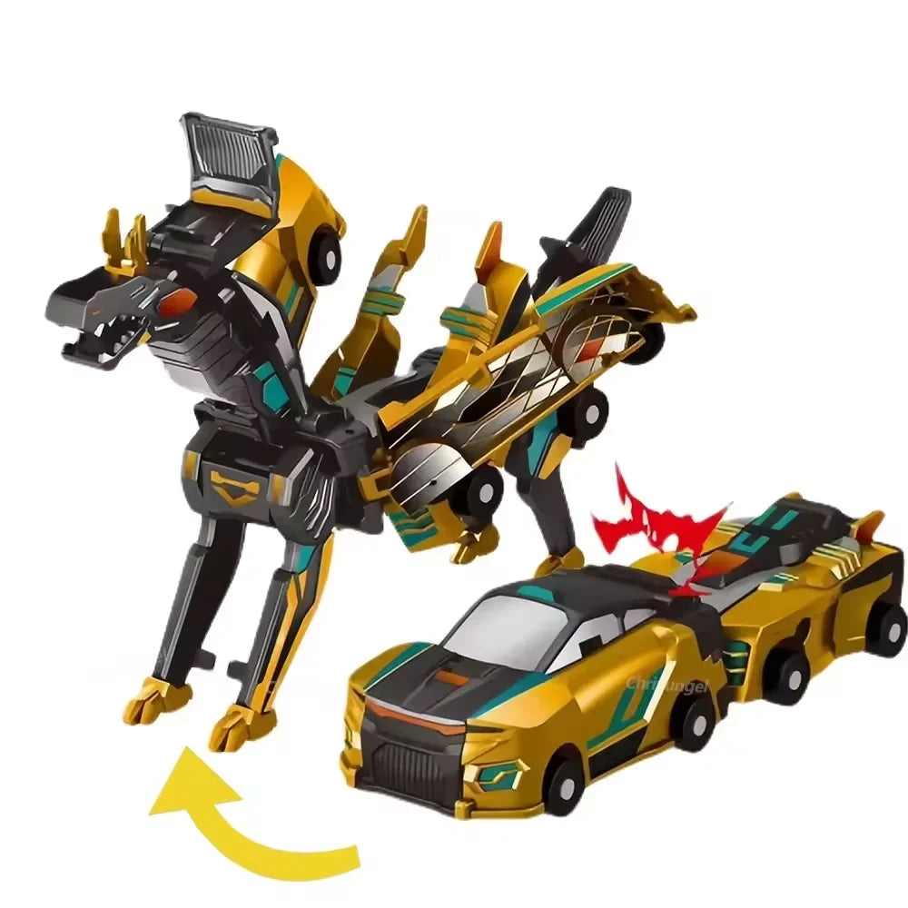 A transforming unicorn car set featuring a black and gold dragon-like vehicle and a unicorn figure.