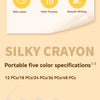 A collection of silky crayon sets in various colors and sizes are displayed in plastic containers.