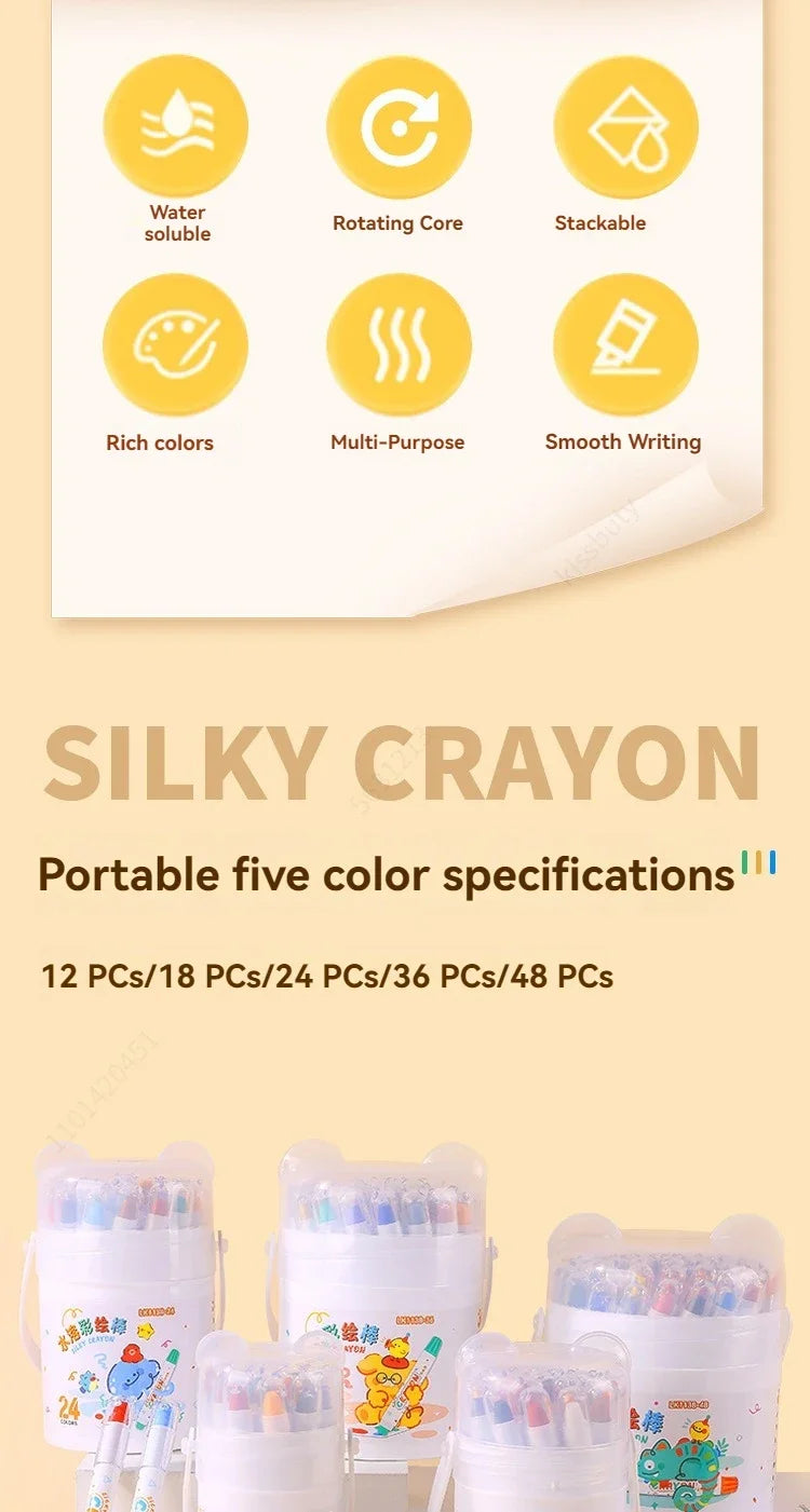 A collection of silky crayon sets in various colors and sizes are displayed in plastic containers.