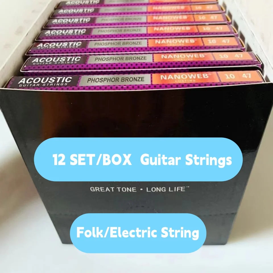 A box of 12 sets of Guitar Strings featuring Acoustic and Folk/Electric strings with anti-rust protection.