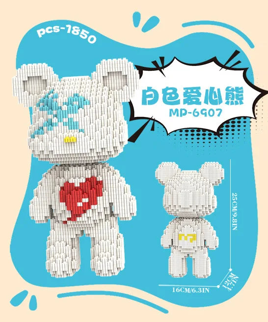A set of building blocks shaped like a bear, featuring a heart design and various sizes.