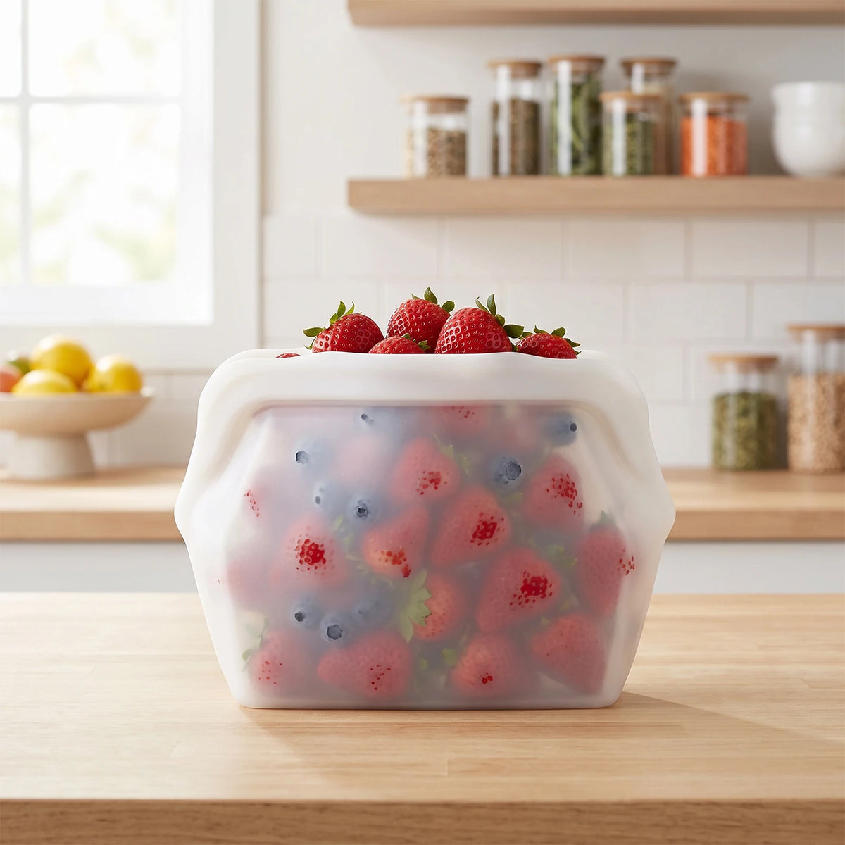 A clear silicone storage bag filled with fresh strawberries and blueberries on a wooden table.