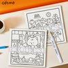 A coloring book page featuring cute cartoon bears and forest elements, with a colored pencil nearby.