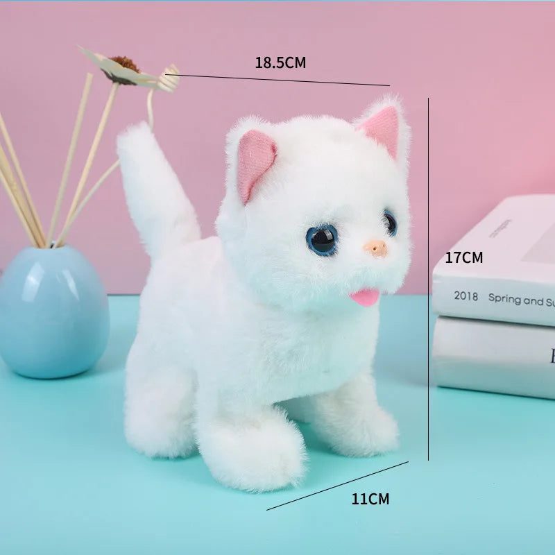 A white plush cat toy with pink ears is shown standing on a light blue surface.