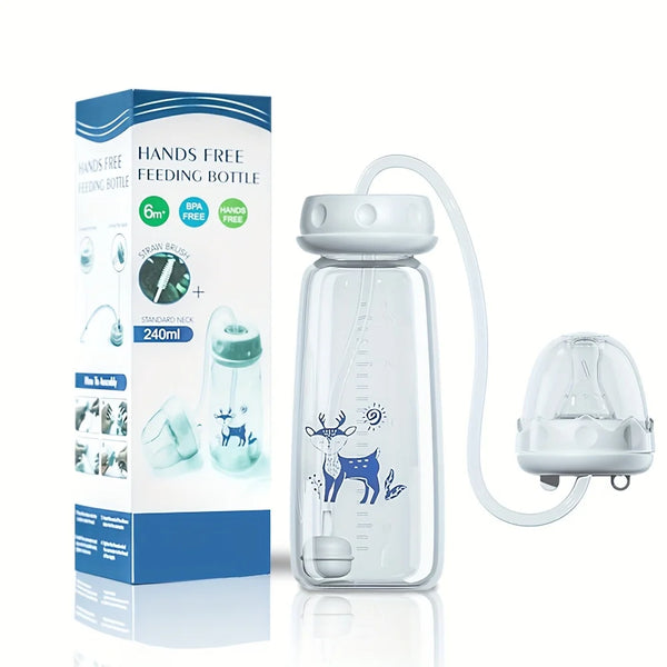Bouteille de lait pour bébé en verre transparent, main libre, avec tétine en silicone et tasse séparée, à côté de son emballa