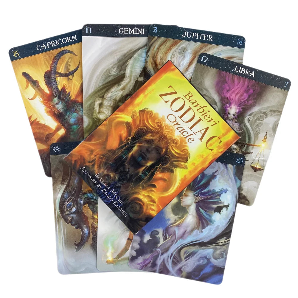 A collection of Zodiac Oracle cards featuring various zodiac signs and mystical imagery.