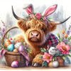 A fluffy Highland cow with horns is surrounded by colorful eggs and flowers, ready for diamond painting or cross stitch art.