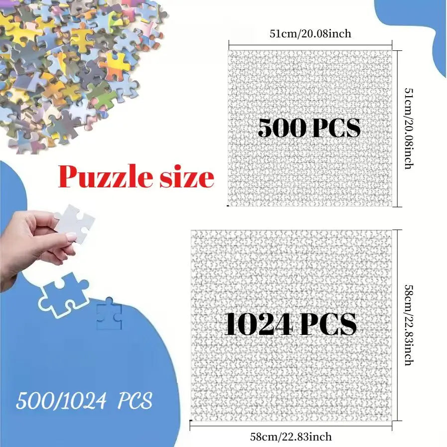 A collection of jigsaw puzzles showing different piece counts, including 500 pieces and 1024 pieces.