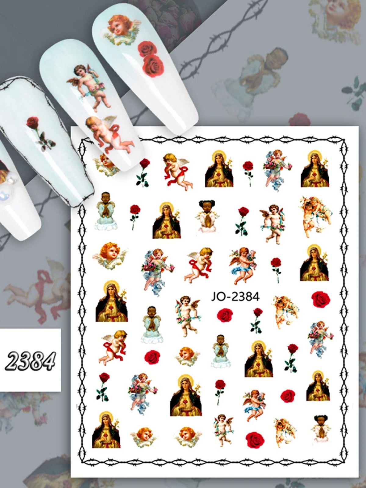 Vintage angel and saint nail art stickers featuring cherubs, angels, and crosses on a white background.