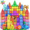 A colorful structure built from magnetic building blocks featuring dinosaur and animal figures.