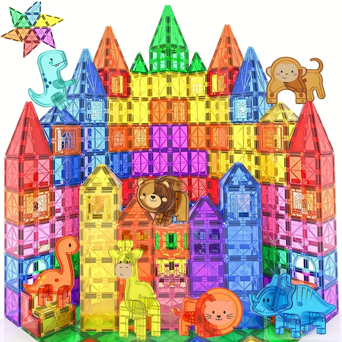 A colorful structure built from magnetic building blocks featuring dinosaur and animal figures.