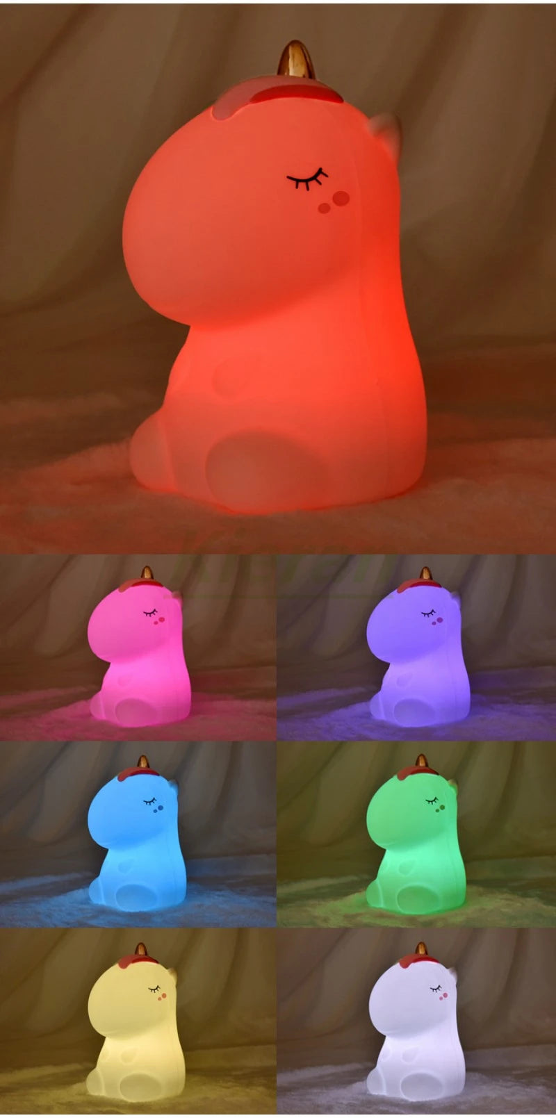 A series of eight images showing a unicorn LED night light in various colors and lighting conditions.
