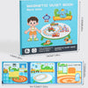 A box of a Magnetic Quiet Book for boys featuring colorful wooden shapes and animals designed for hands-on learning.