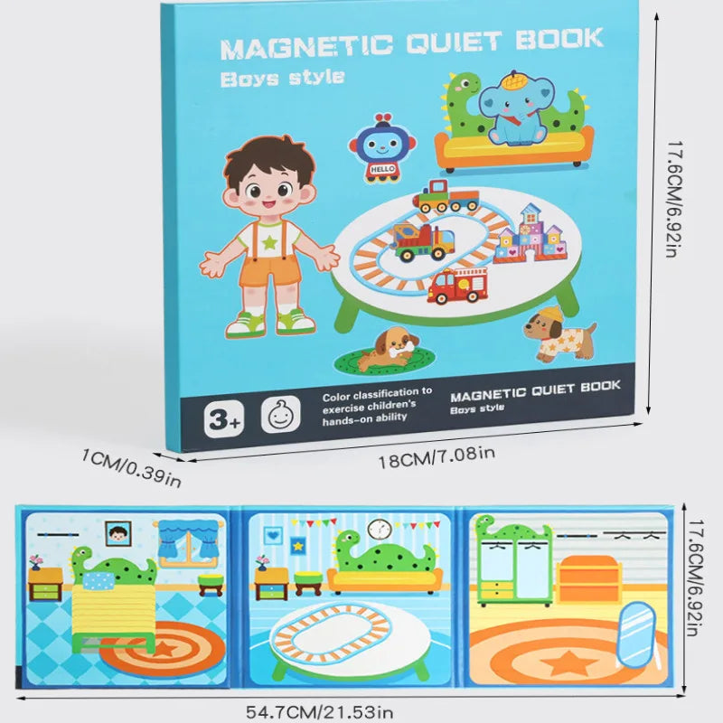 A box of a Magnetic Quiet Book for boys featuring colorful wooden shapes and animals designed for hands-on learning.