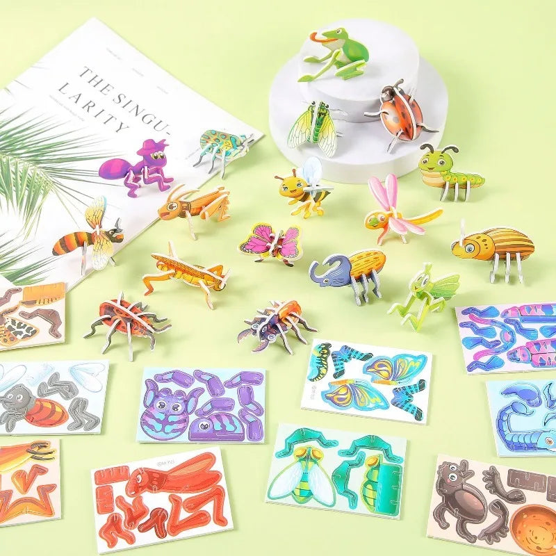 A collection of colorful 3D animal foam puzzles and DIY toys for kids arranged on a light green surface.
