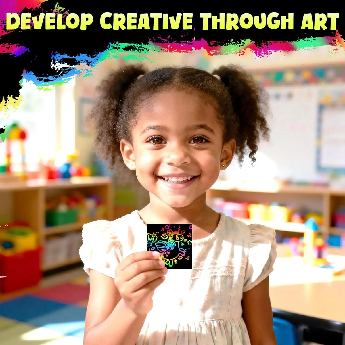 A smiling young girl holds up a piece of colorful scratch art paper for kids DIY craft.
